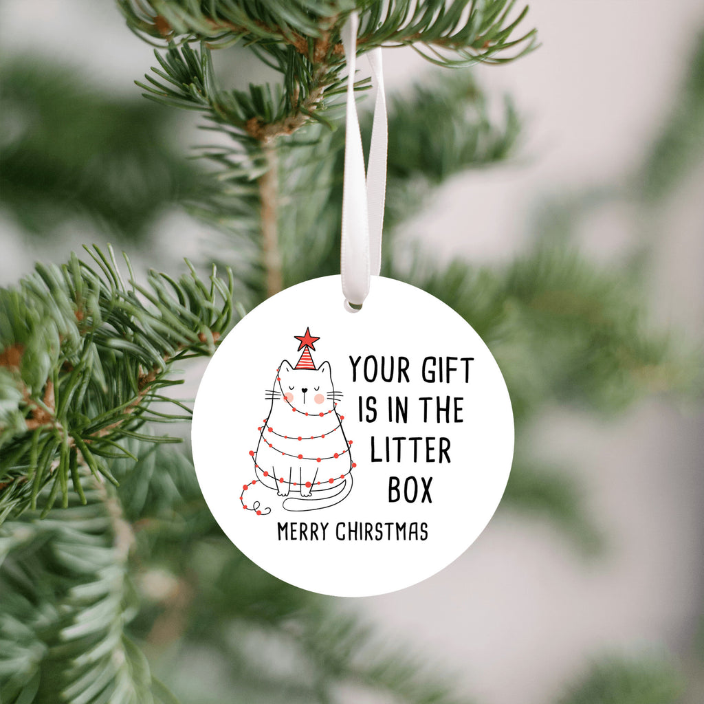Funny Cat Christmas Ornament - "Your Gift is in the Litter Box" - Humorous Pet Lover Tree Decor - Cat Owner Holiday Gift Idea