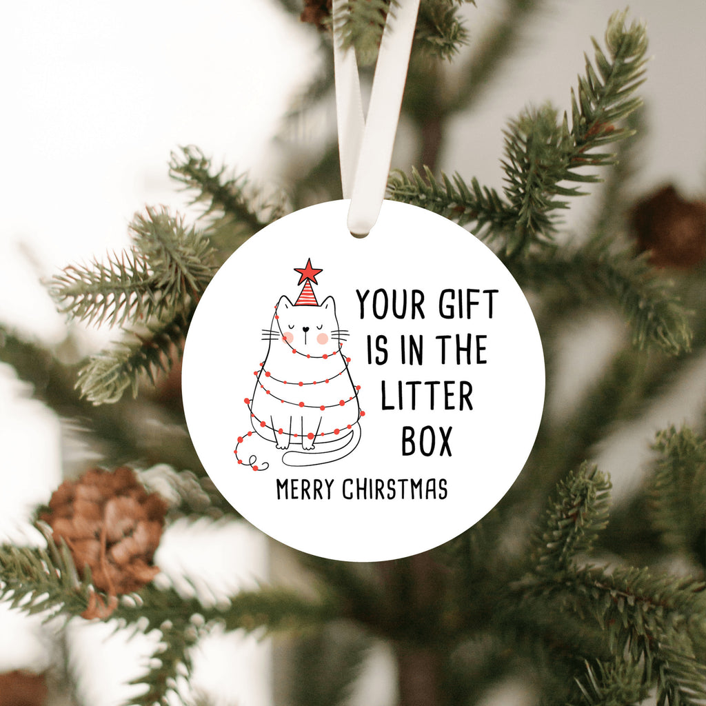 Funny Cat Christmas Ornament - "Your Gift is in the Litter Box" - Humorous Pet Lover Tree Decor - Cat Owner Holiday Gift Idea