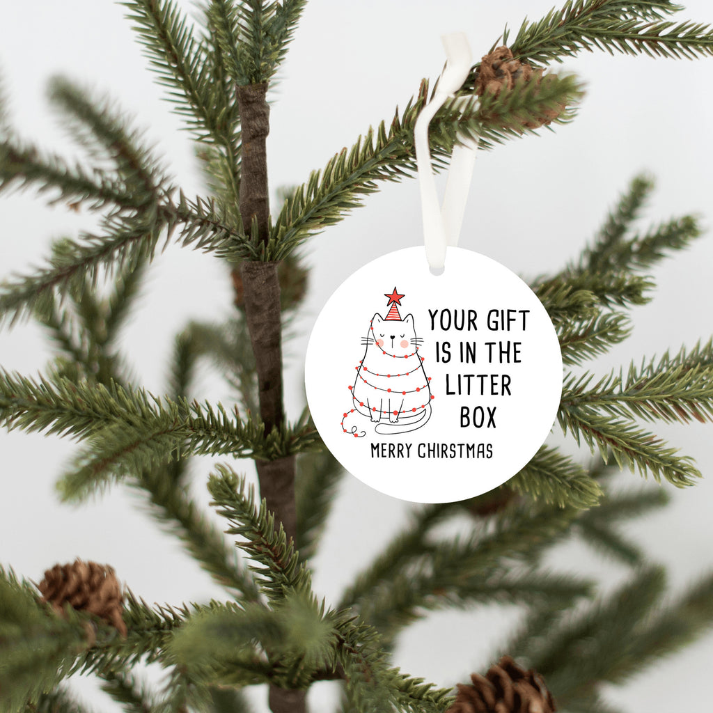 Funny Cat Christmas Ornament - "Your Gift is in the Litter Box" - Humorous Pet Lover Tree Decor - Cat Owner Holiday Gift Idea